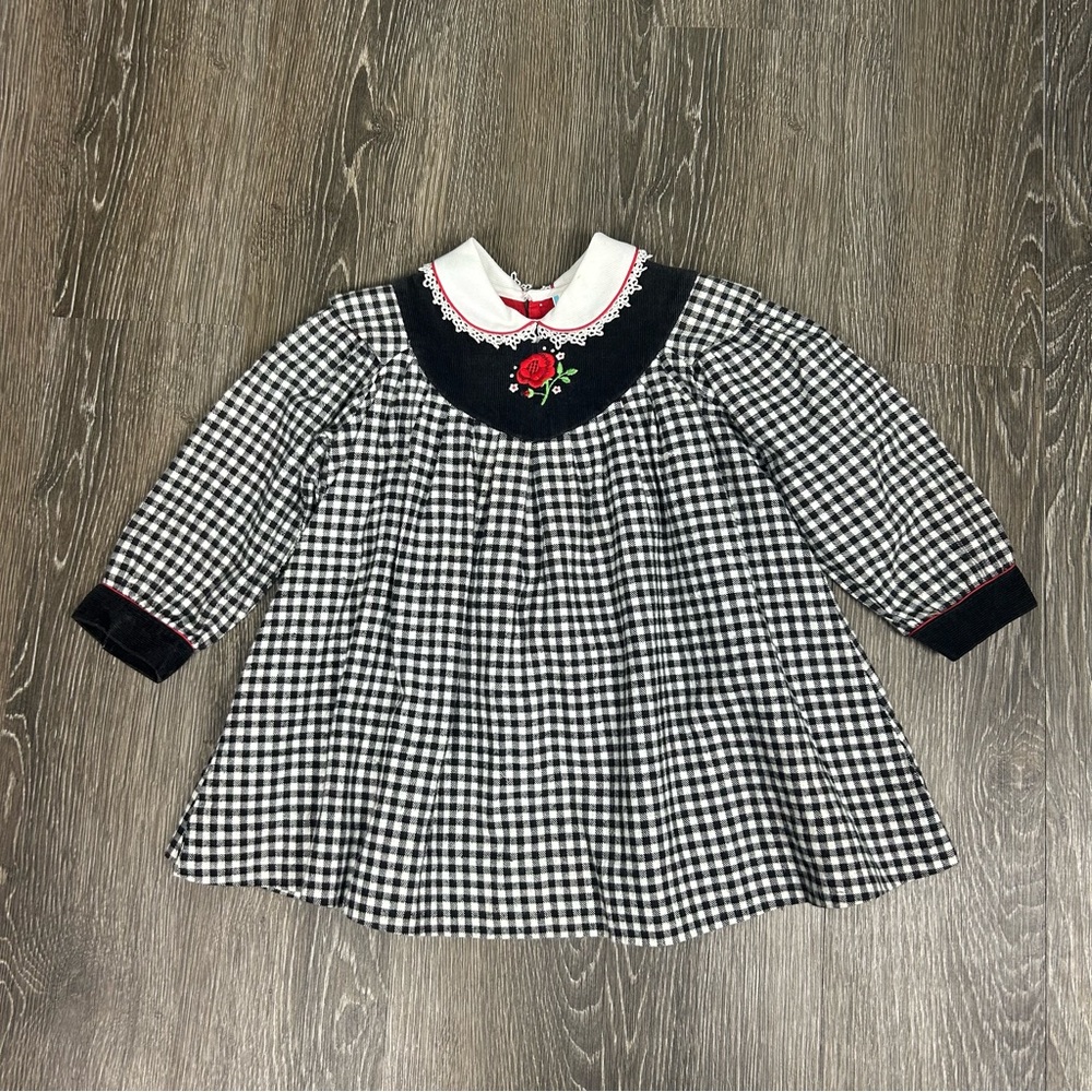 Vintage black white gingham long sleeve girls dress sz 3T velvet & rose detail